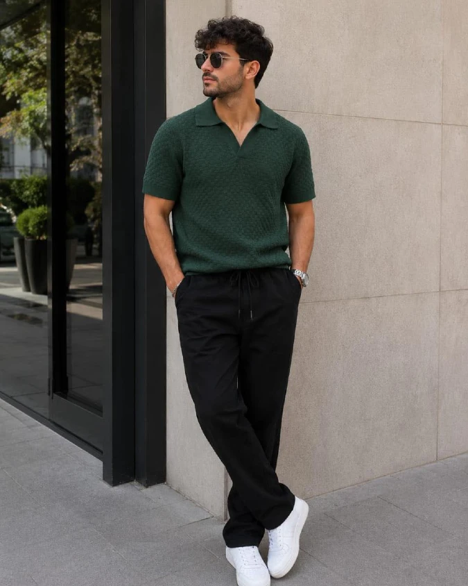 Forest Green Textured Knit Polo - A Cool Approach to Dark Academia