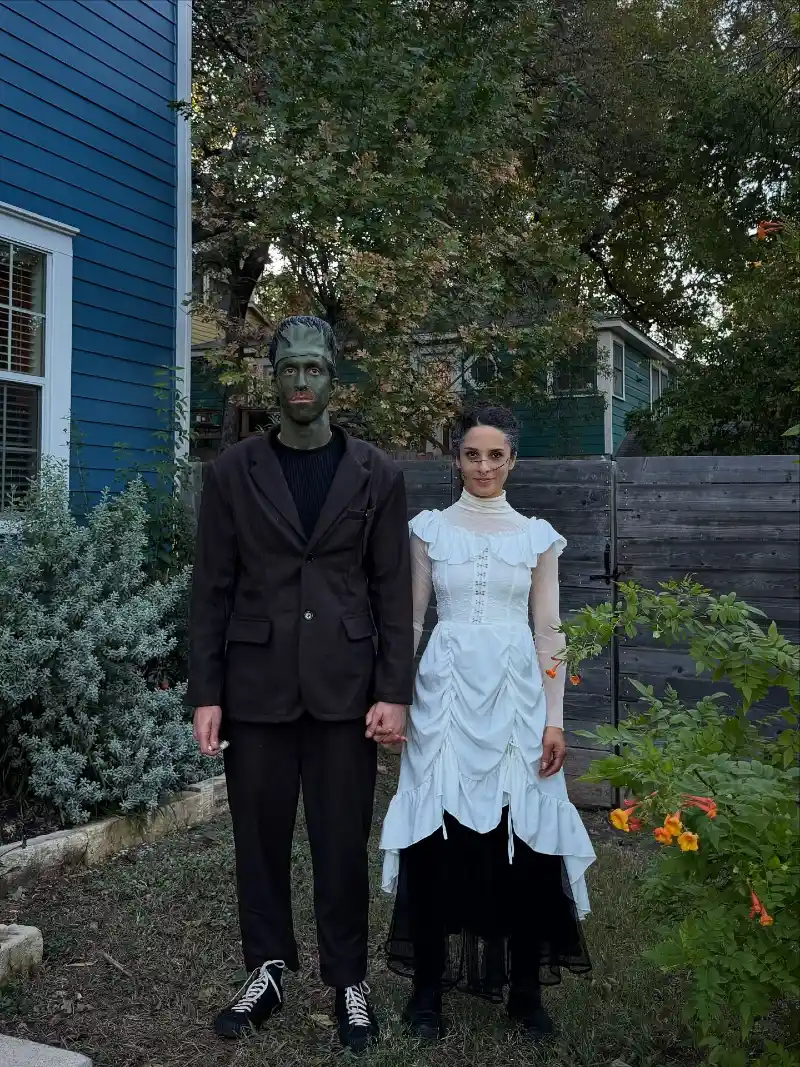 Frankenstein and Bride with Dark Brown Blazer, Ribbed Sweater, and Sneakers