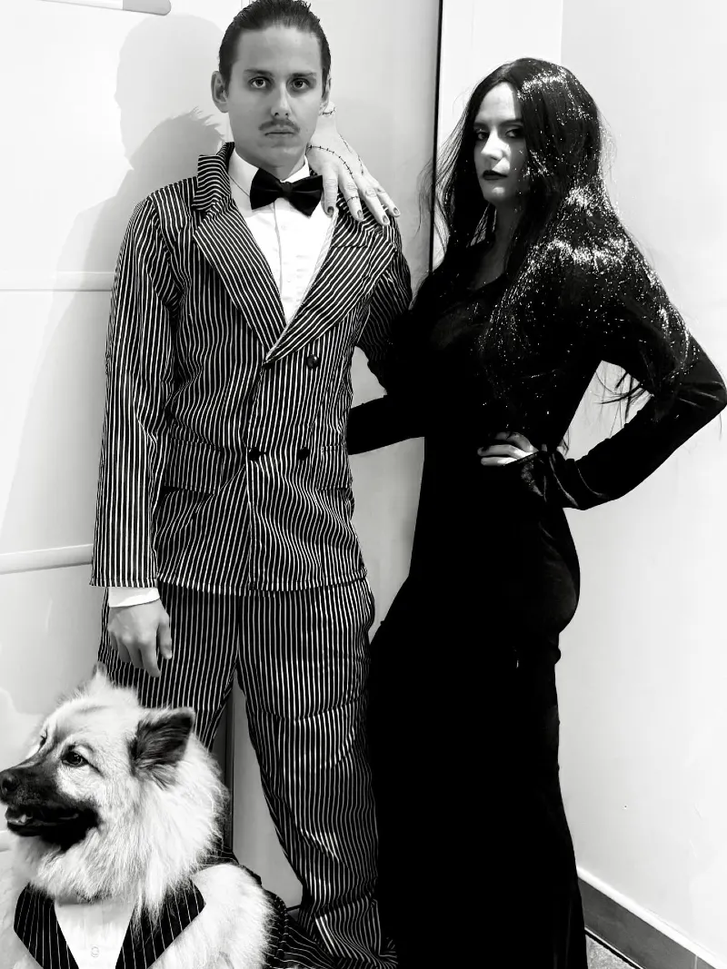 Gomez and Morticia Addams with Pinstripe Double-Breasted Suit and Floor-Length Gown