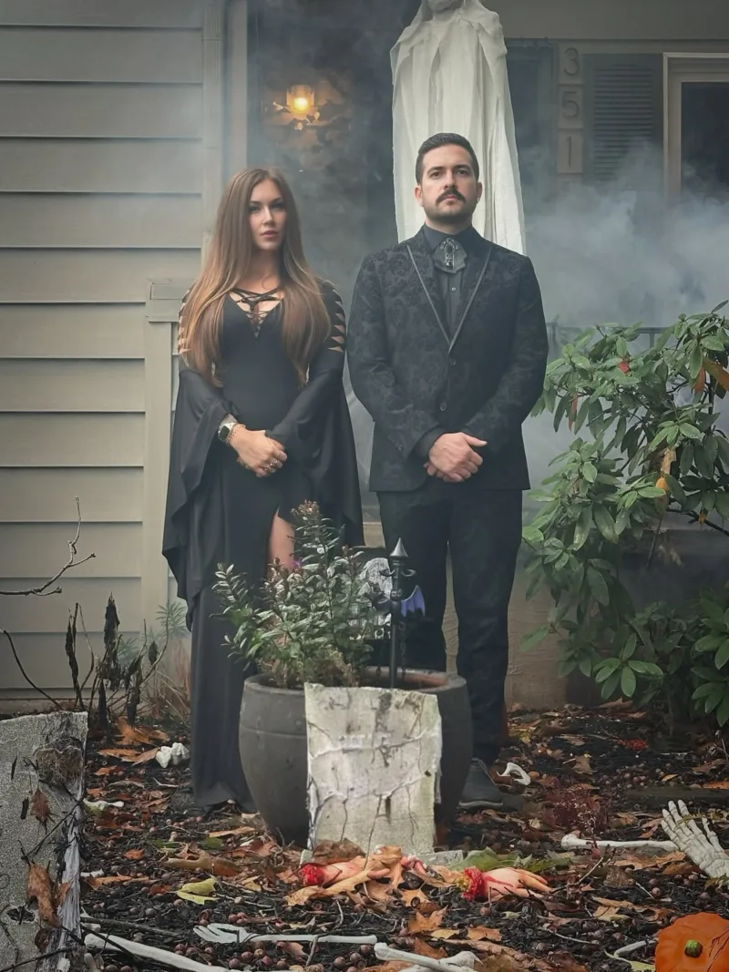 Gothic Couple with Black Jacquard Suit and Bell-Sleeve Gown