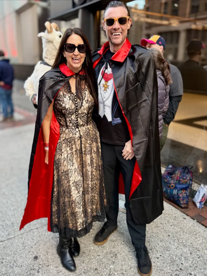 Graphic Dracula Tuxedo Tee with Red-Lined Cape and Black Trousers