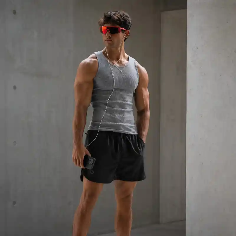 Gray Ribbed Tank & Black Runner Shorts – Modern Activewear Street Style