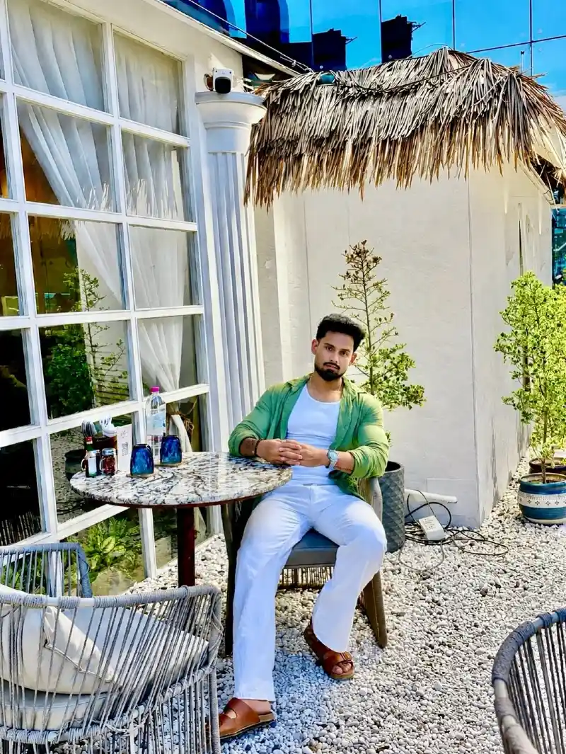 Green Lightweight Shirt with White Tank Top and Trousers