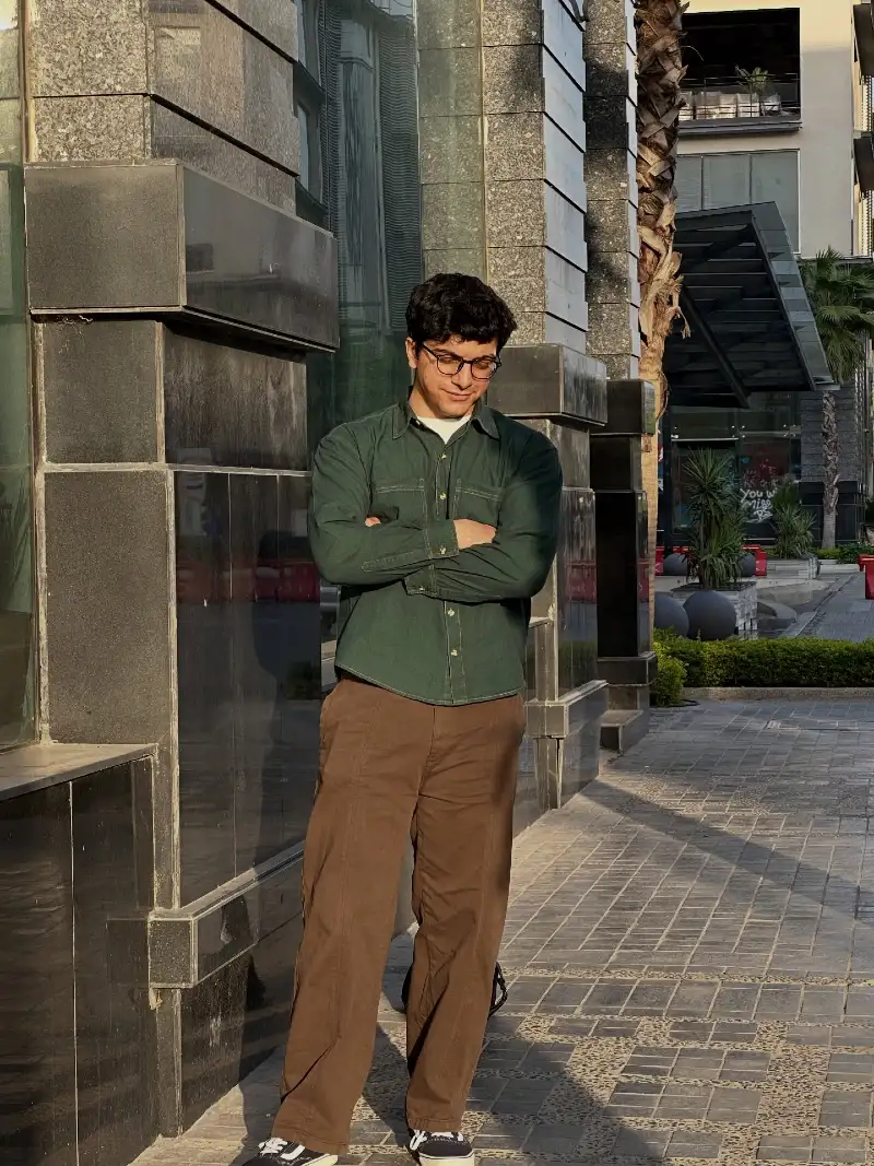 Green Overshirt with Brown Work Pants and Canvas Sneakers