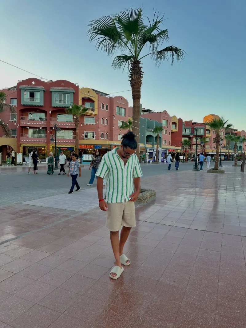 Green Striped Camp Shirt with Linen Shorts and Chunky Slides