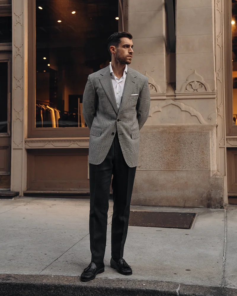 Grey Glen Plaid Blazer with Black Tailored Trousers and Tassel Loafers