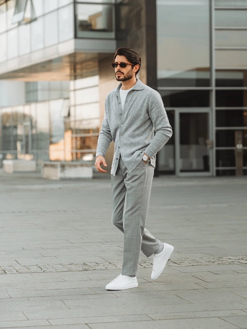 Grey Knit Button-Down with Grey Tailored Trousers and White Sneakers