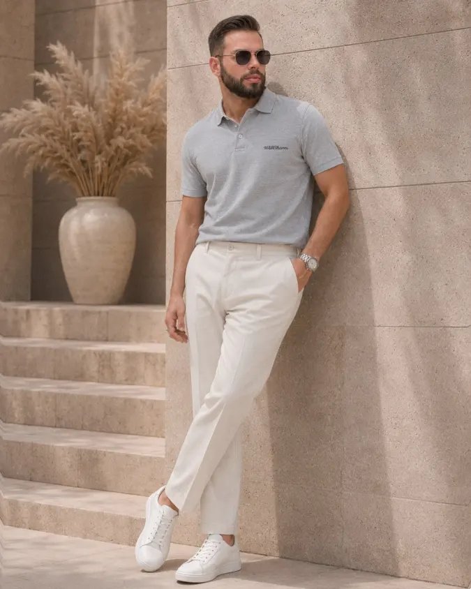 Grey Knitted-Texture Polo & Cream Straight-Leg Trousers - Defining Clean Summer Office Core