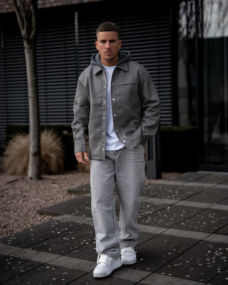 Grey Leather Shirt Jacket over Hoodie with Washed Denim