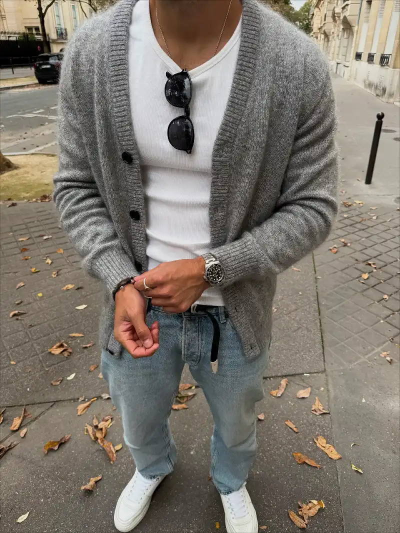 Grey Mohair Cardigan with Light Wash Jeans and White Sneakers