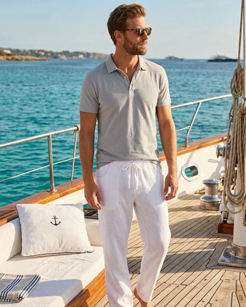 Grey Short-Sleeve Polo with Loose White Drawstring Trousers
