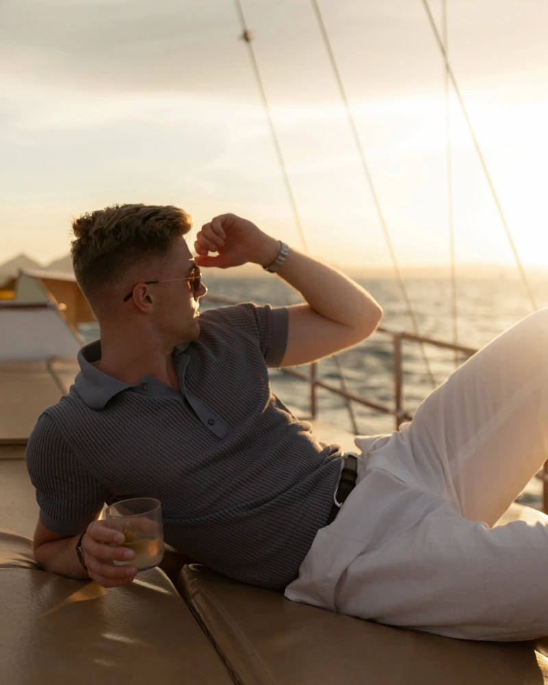 Grey Textured Knit Polo with White Linen Trousers