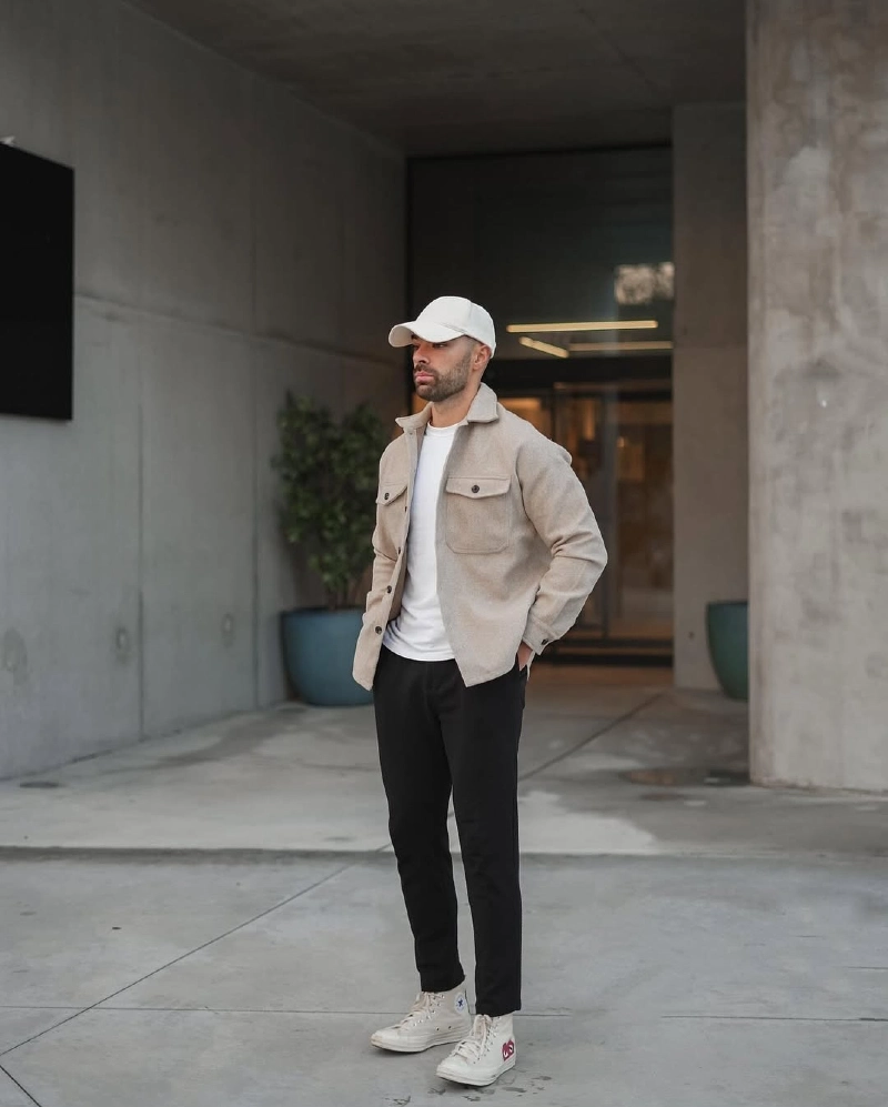 Heavyweight Oatmeal Overshirt with Slim Black Trousers and Canvas High-Tops