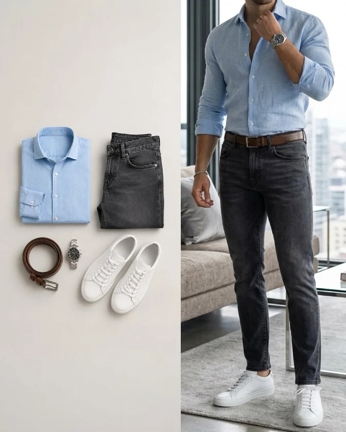 Ice-Blue Linen & Washed Charcoal Denim - The Smart-Casual Hybrid