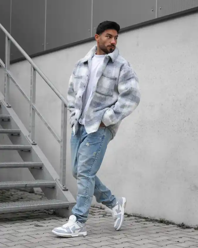 Ice-Blue Oversized Plaid Shacket — Effortless Everyday Style for the Dad Bod