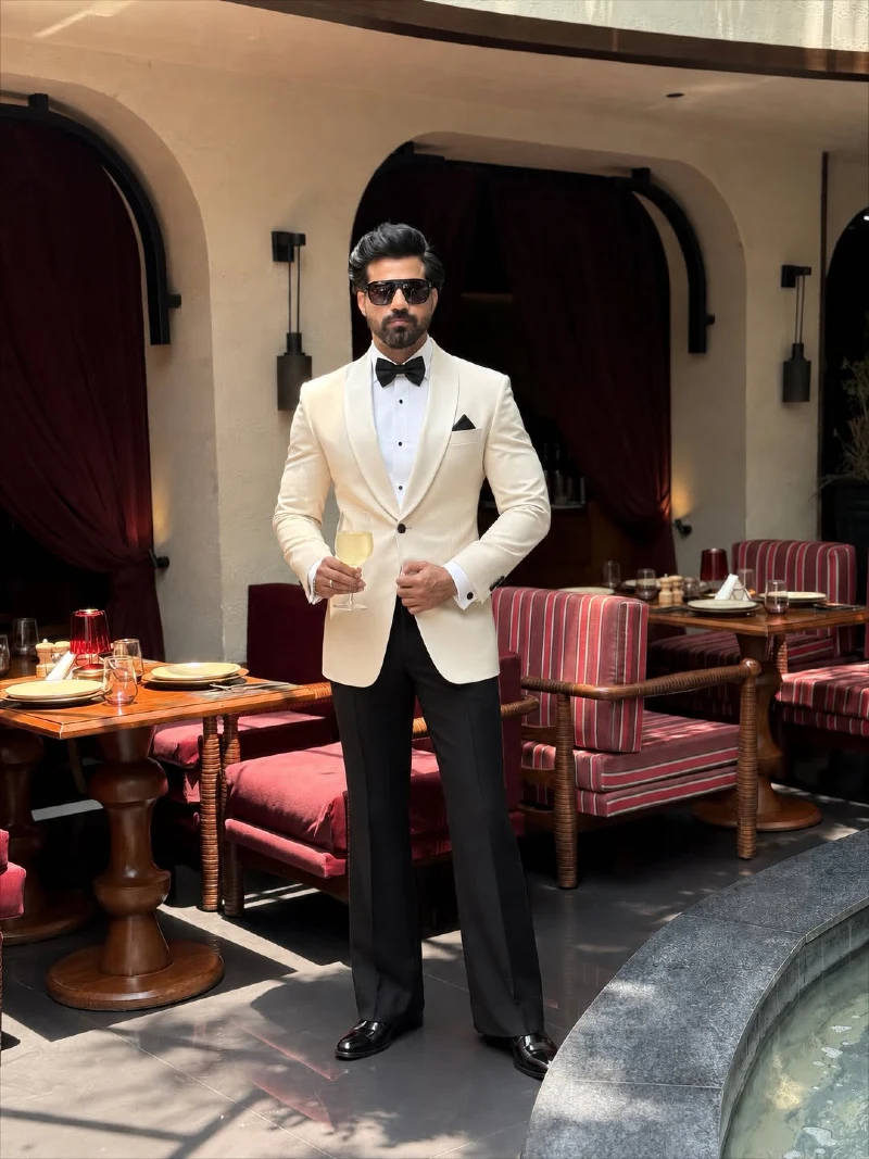 Ivory Dinner Jacket with Black Trousers and Shawl Lapels