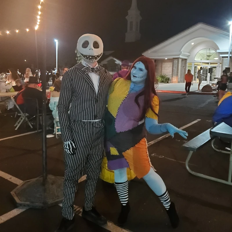 Jack Skellington and Sally Couple with Pinstripe Suit and Patchwork Dress