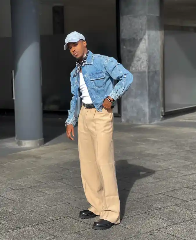 Khaki Pleated Trousers & Light Denim Jacket - Streetwise Comfort for the Midsize Frame
