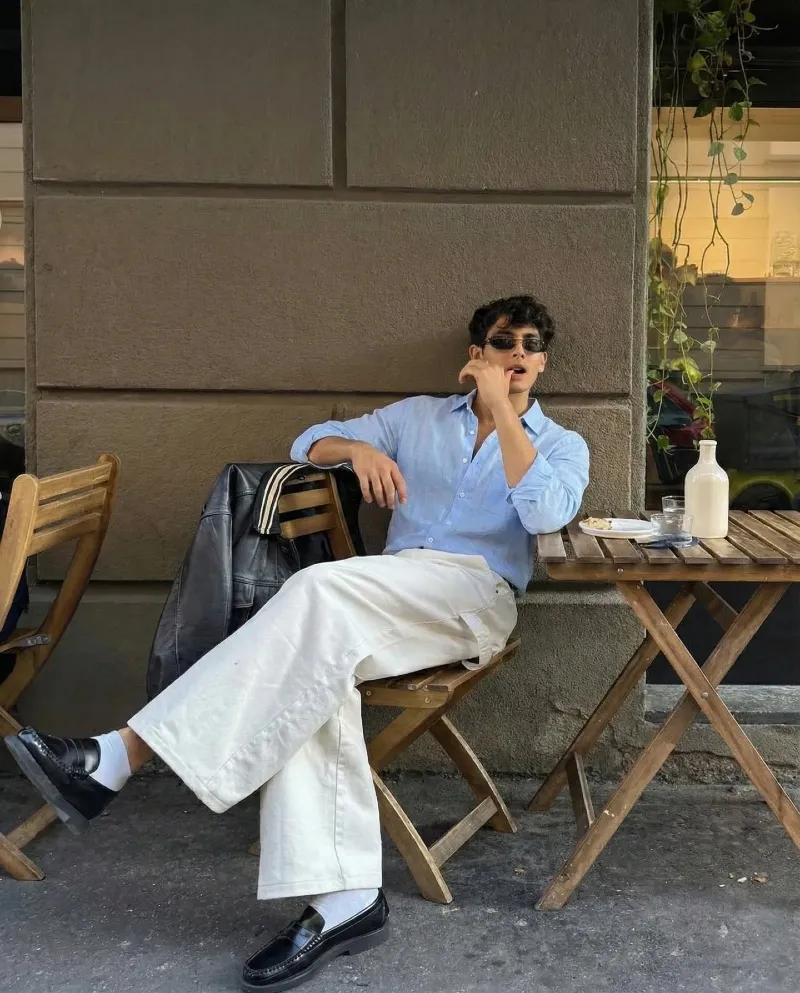Light Blue Linen Shirt with White Carpenter Pants and Black Loafers