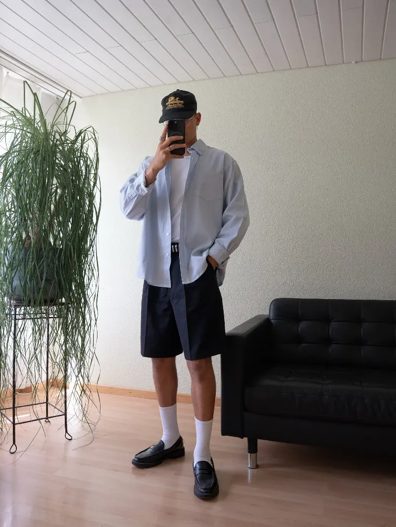 Light Blue Oxford Shirt with Pleated Black Shorts