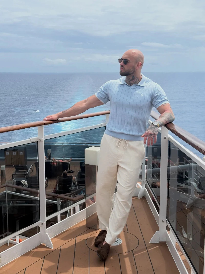 Light Blue Ribbed Polo with Cream Drawstring Trousers and Suede Loafers