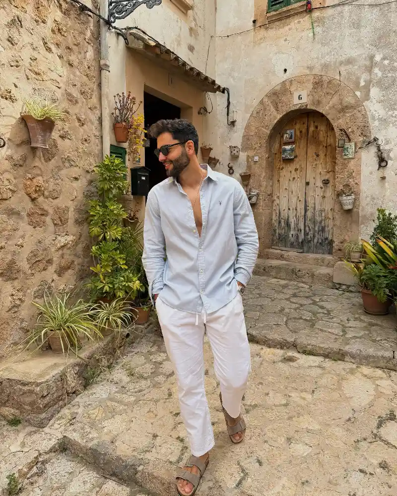Light Blue Shirt with White Drawstring Linen Trousers