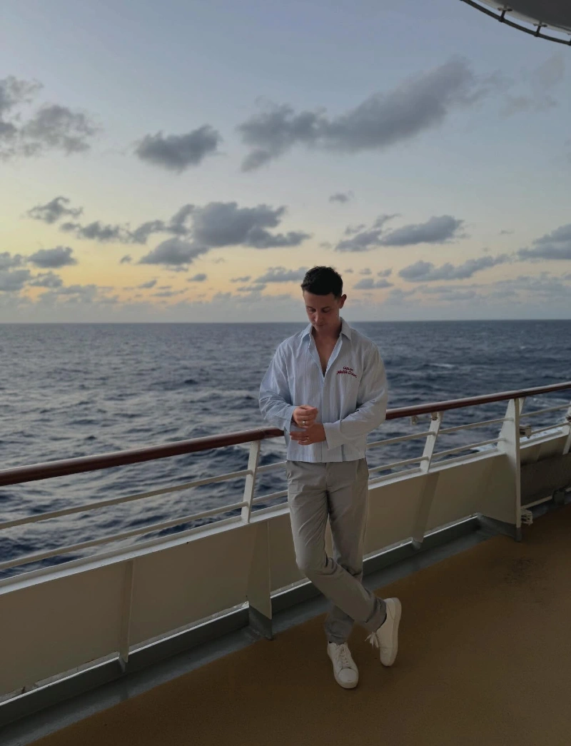 Light Blue Striped Shirt with Grey Trousers and White Sneakers
