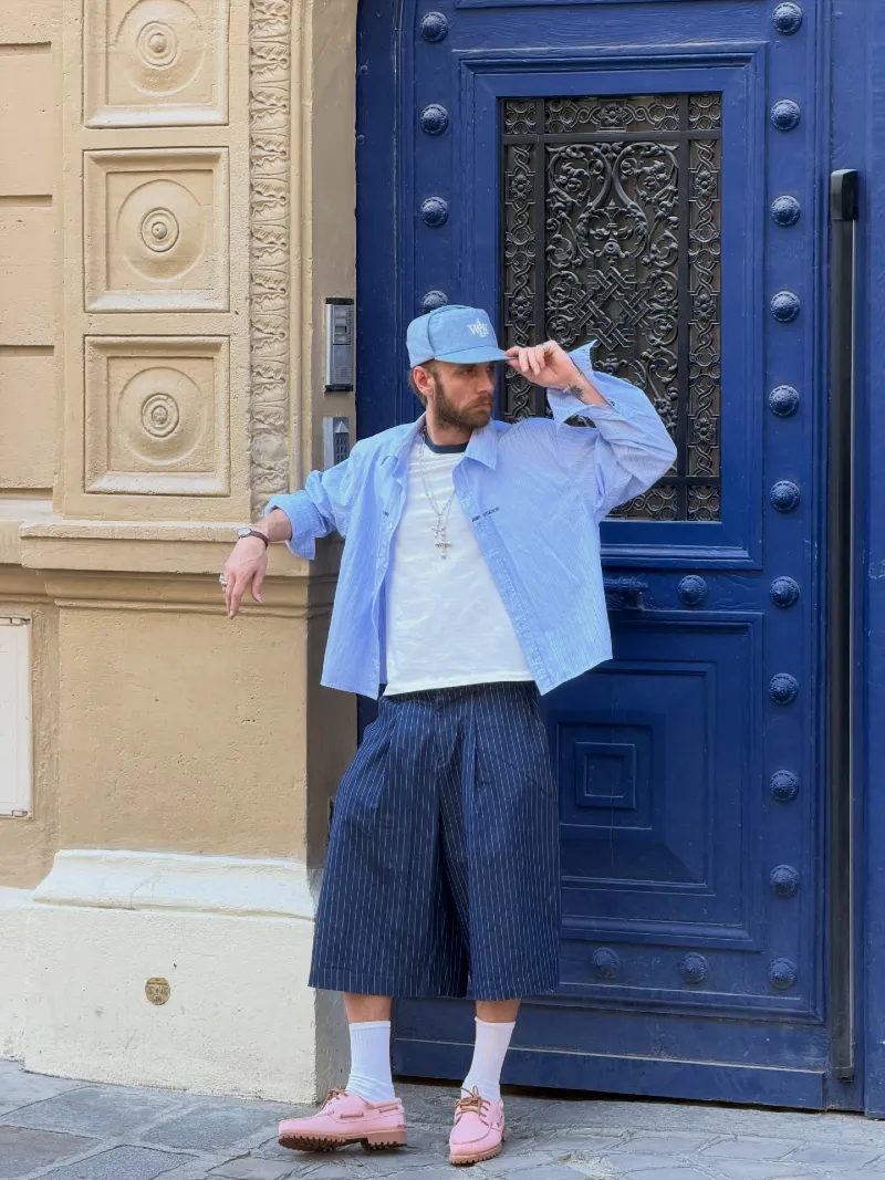 Light Blue Striped Shirt with Pinstripe Wide Shorts
