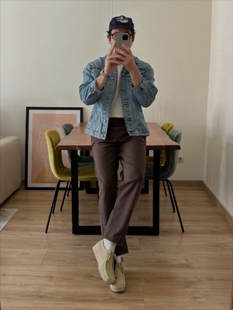 Light Denim Jacket with Brown Trousers and Suede Moccasins