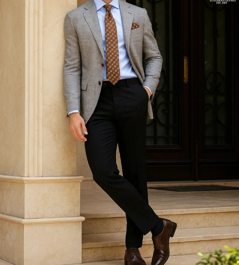 Light Grey Blazer with Black Trousers and Brown Patterned Tie