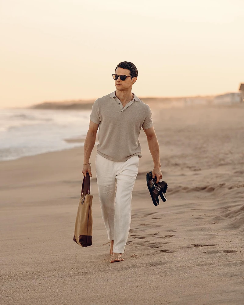 Light Grey Knit Polo with White Linen Trousers