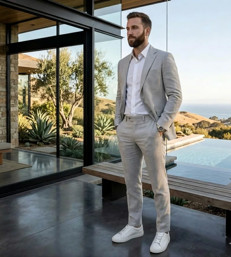 Light Grey Suit with White Dress Shirt and White Leather Sneakers