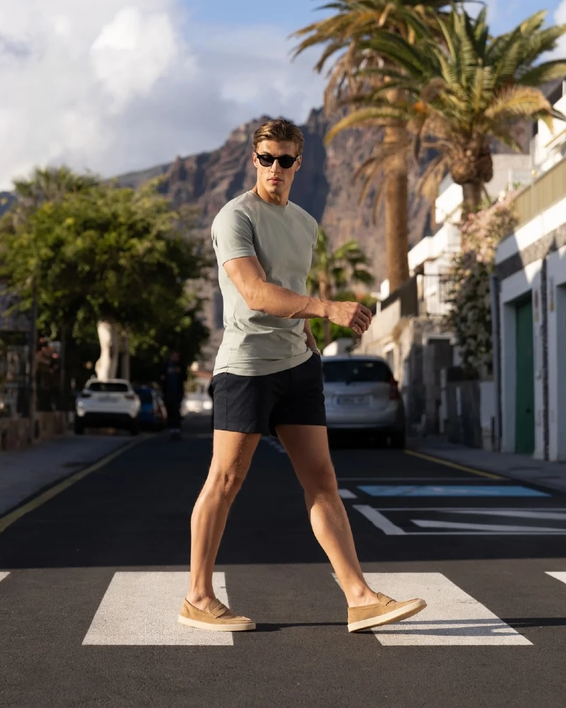 Light Sage T-Shirt with Navy Shorts and Tan Suede Loafers
