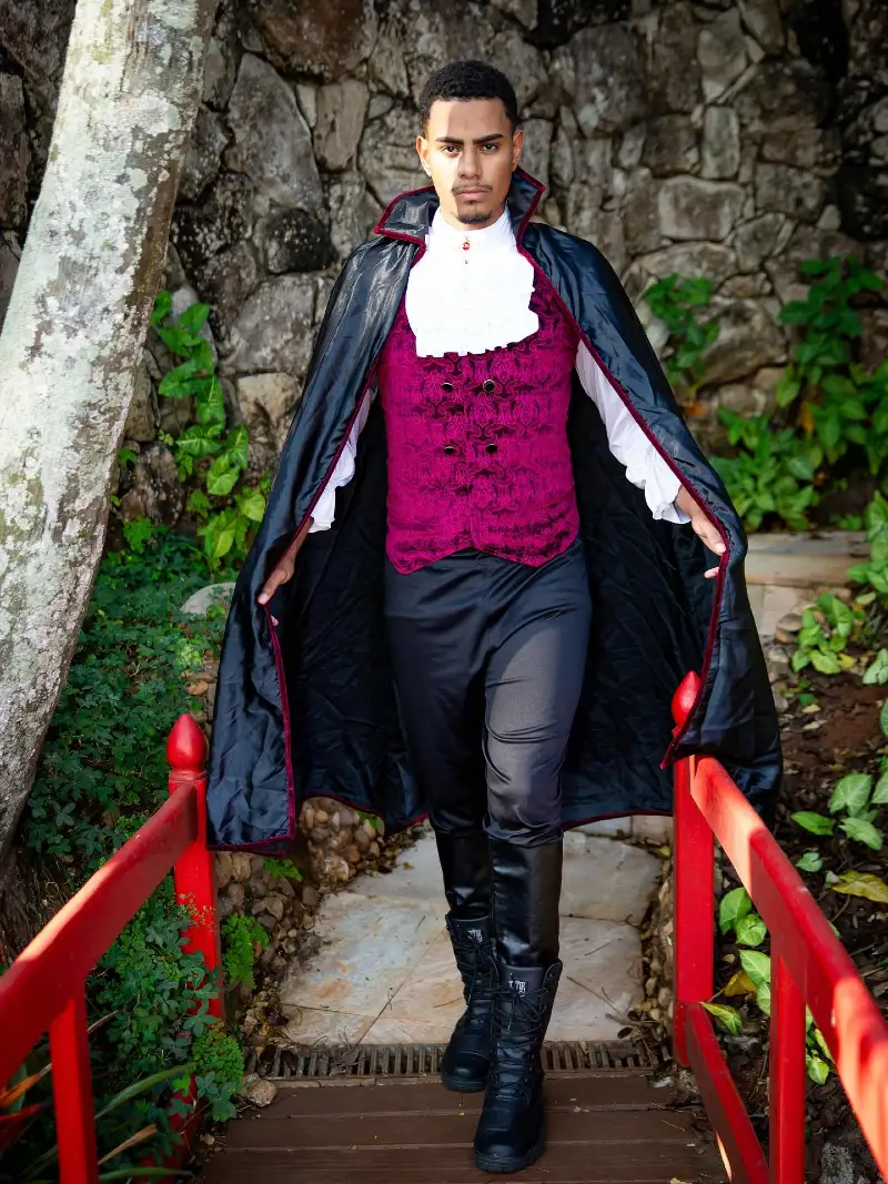 Magenta Damask Brocade Waistcoat with Ruffled Jabot and High Leather Boots