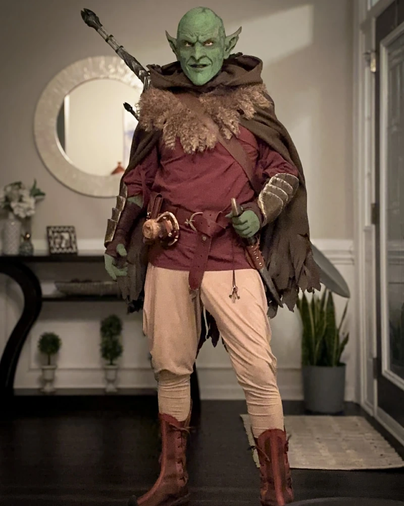 Maroon Tunic with Fur-Trimmed Hooded Cloak and Goblin Mask