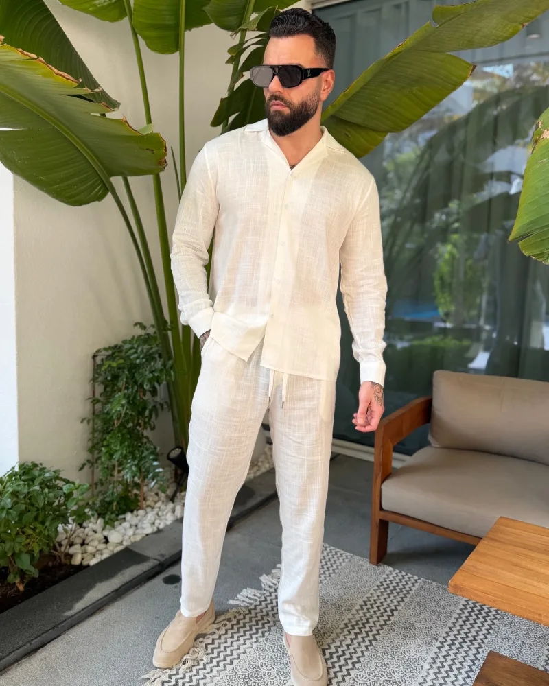 Matching Linen Lounge Set with Drawstring Trousers and Suede Loafers