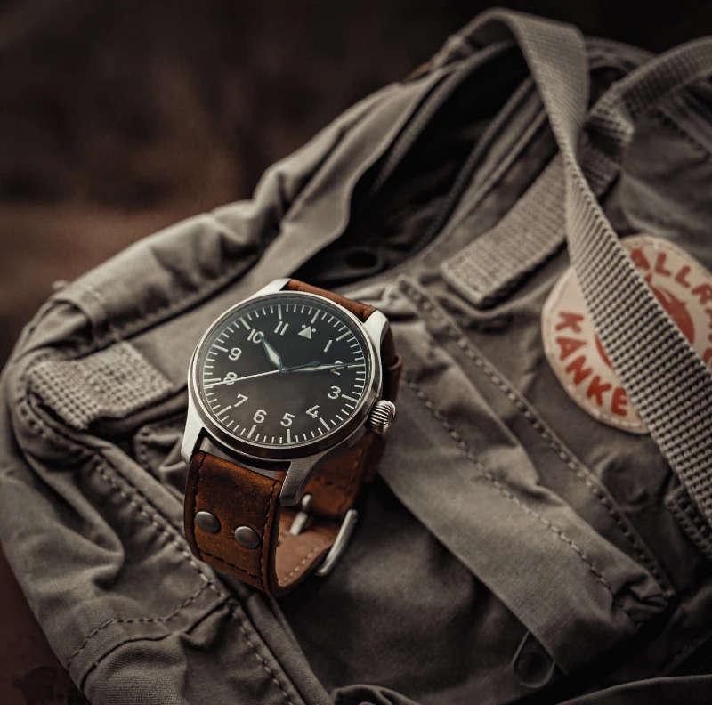 Matte Steel Pilot Watch on Riveted Brown Leather