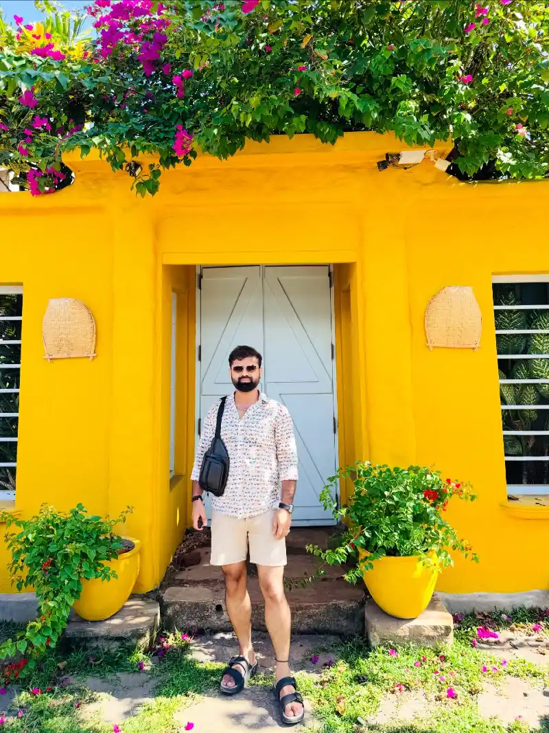 Micro-Print Button-Down with Beige Shorts and Black Crossbody Bag