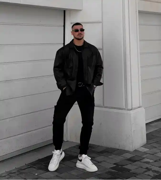 Midnight Monochrome Cargo & Leather Shacket - Stealth Urban Comfort