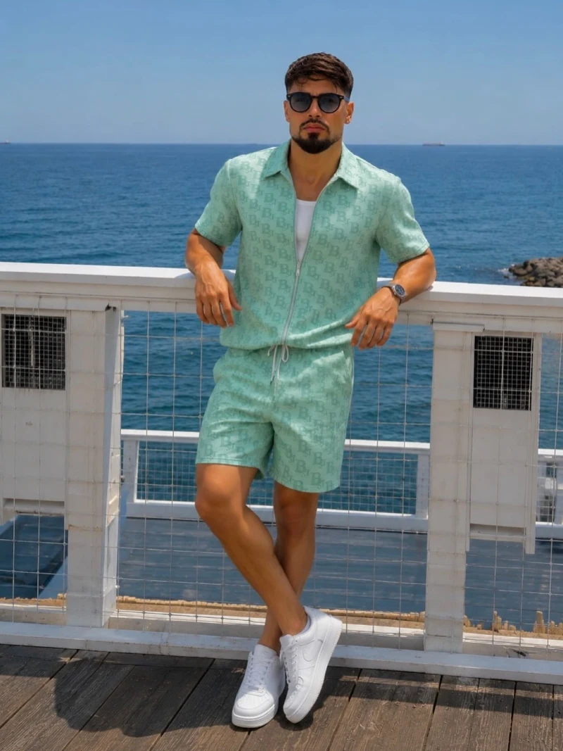 Mint Green Monogram Zip-Up Set with White Sneakers