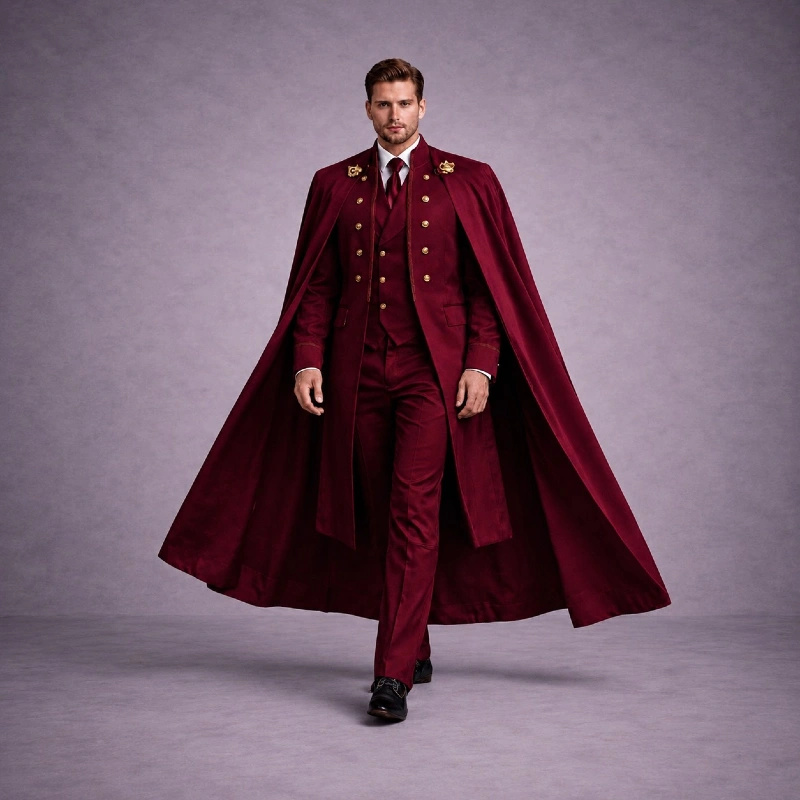 Monochromatic Crimson Tailored Coat with Matching Vest and Sweeping Cape