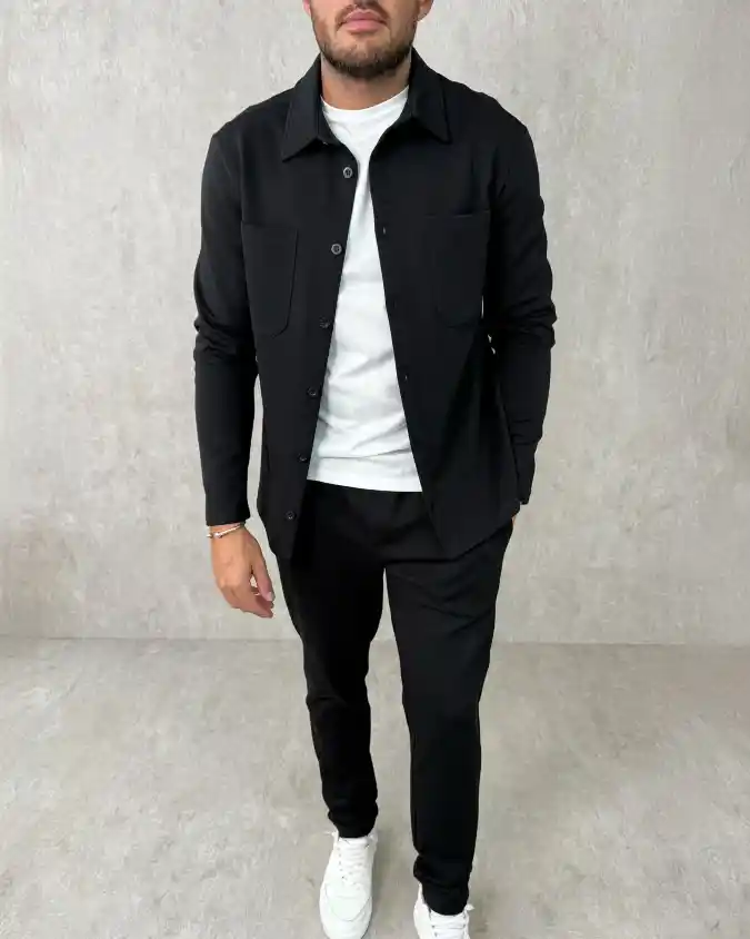 Monochrome Jersey Shacket Ensemble - Mastering the Hybrid Workday