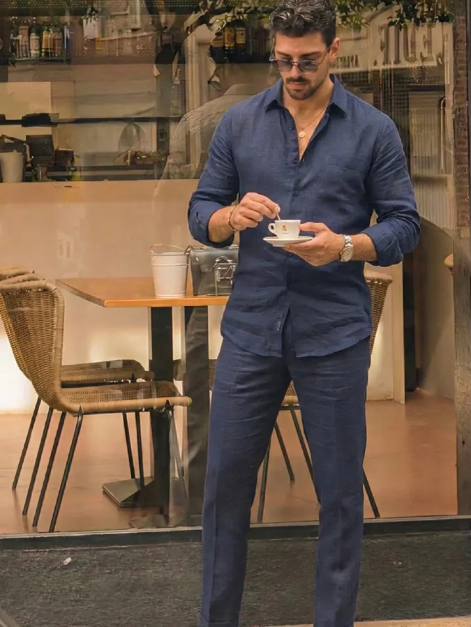 Monochrome Navy Relaxed Linen Set - Redefining Summer Date Night Outfits