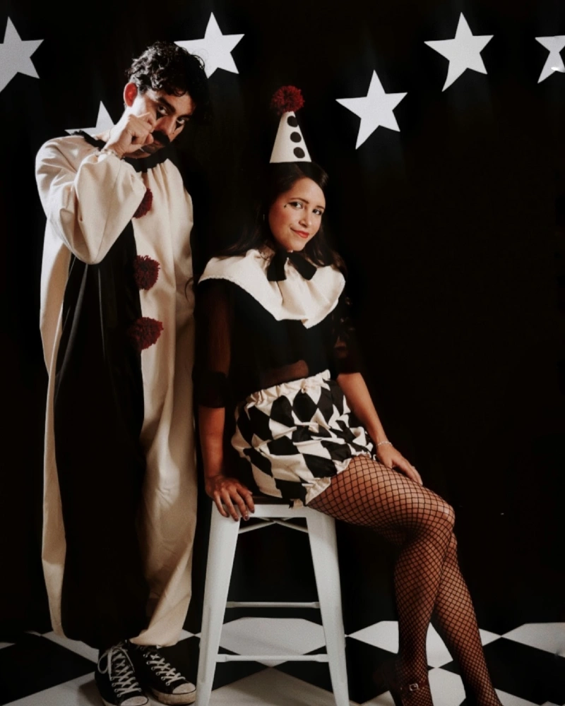 Monochrome Pierrot Clown Jumpsuit with Pom-Poms and Canvas Sneakers
