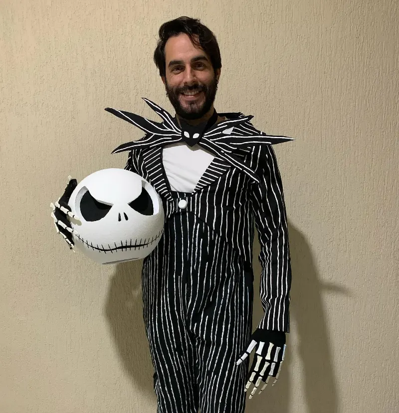 Monochrome Pinstripe Suit with Sculpted Bat Bowtie and Skeleton Gloves