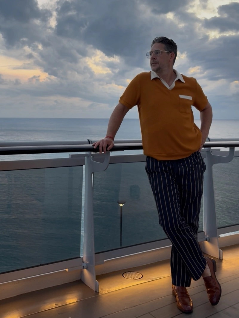 Mustard Knit Polo with Pinstripe Trousers and Brown Loafers