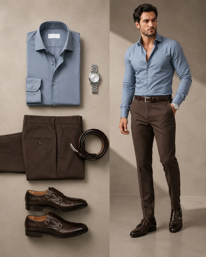 Muted Blue and Rich Brown Tailored Separates - Sustaining the Dark Academia Aesthetic Under the Summer Sun