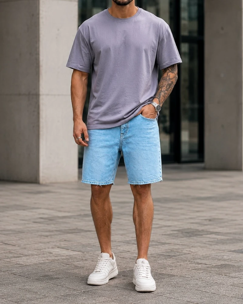 Muted Lavender Tee with Light Wash Denim Shorts