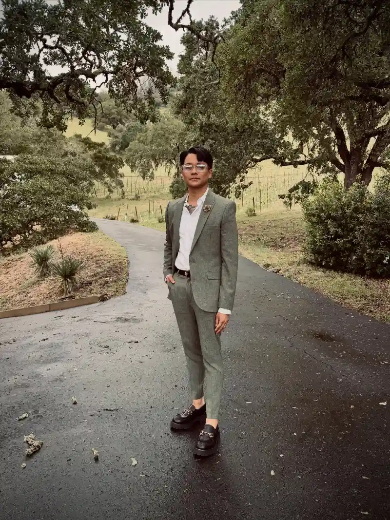 Muted Olive Suit with White Shirt and Chunky Black Loafers