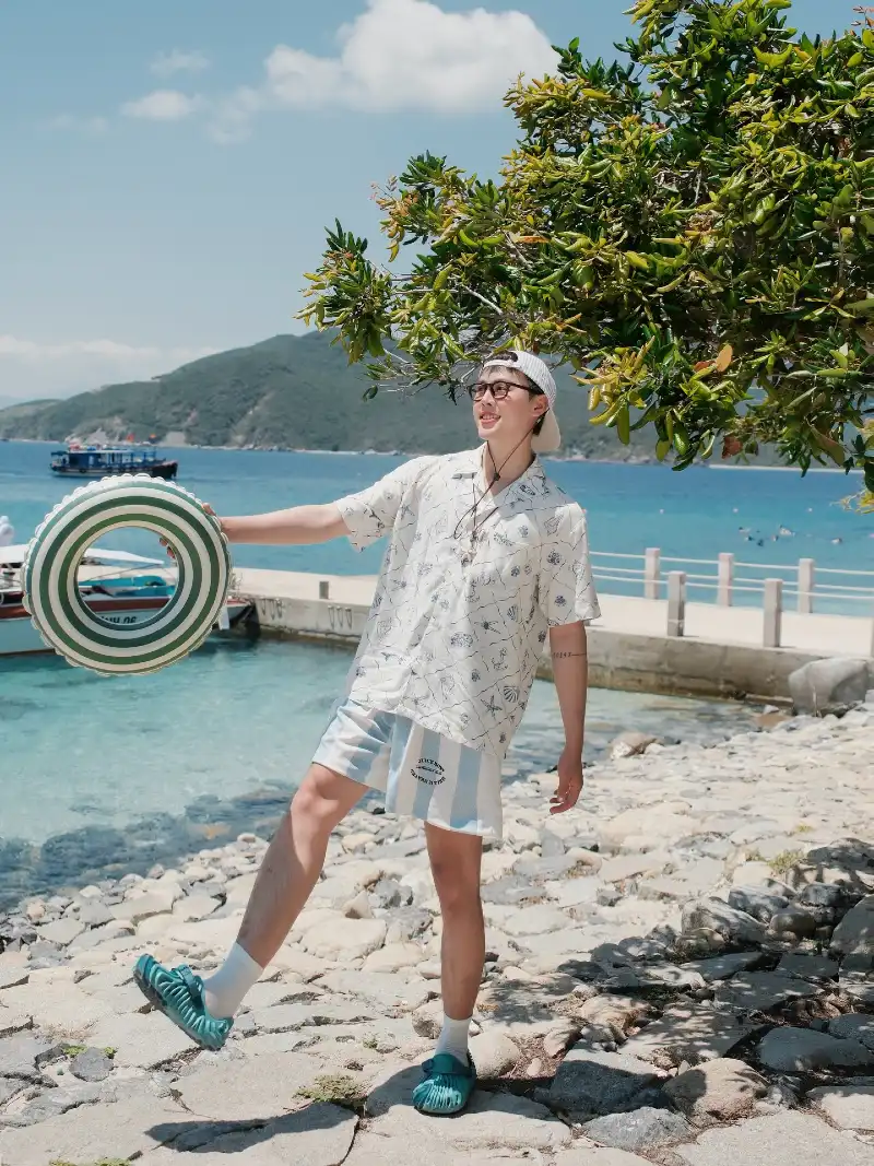 Nautical Sketch Shirt with Striped Shorts and Aqua Slip-Ons